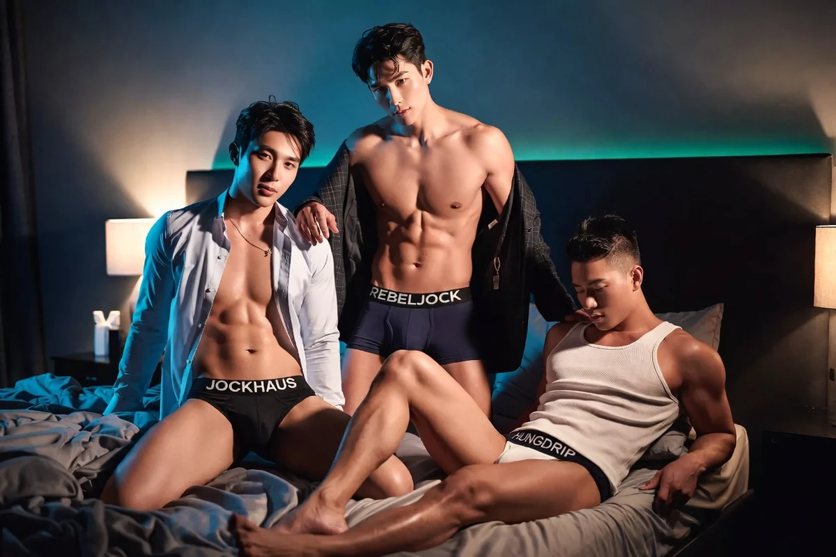 Clearly adult Asian men in a stylish nightlife setting