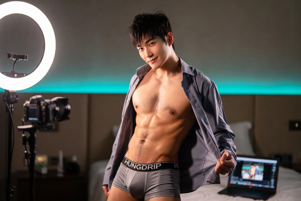 Clearly adult Asian male creator preparing a professional live room